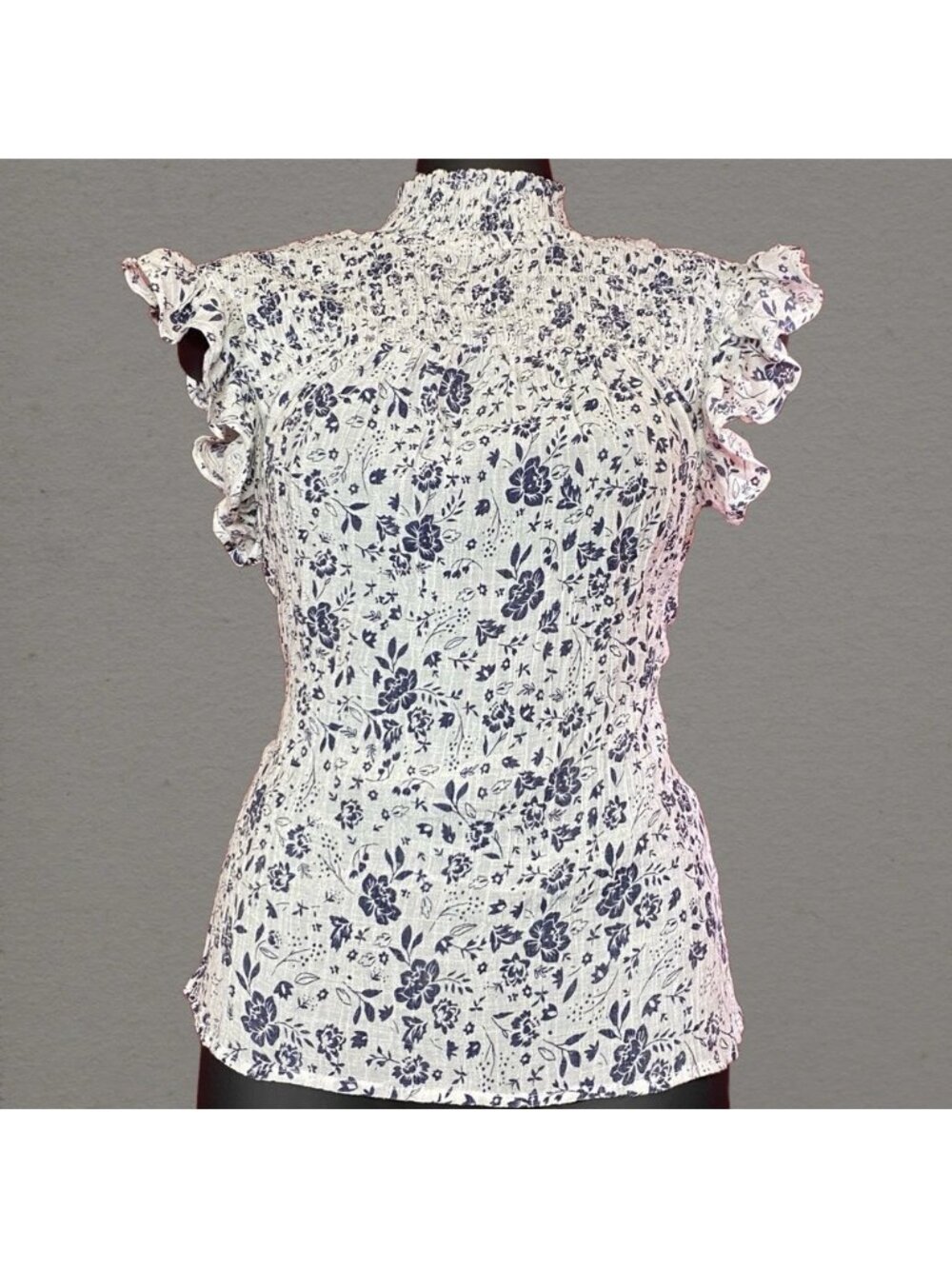 Adiva Floral Ruffle Sleeve Flocked Blouse - White and Blue